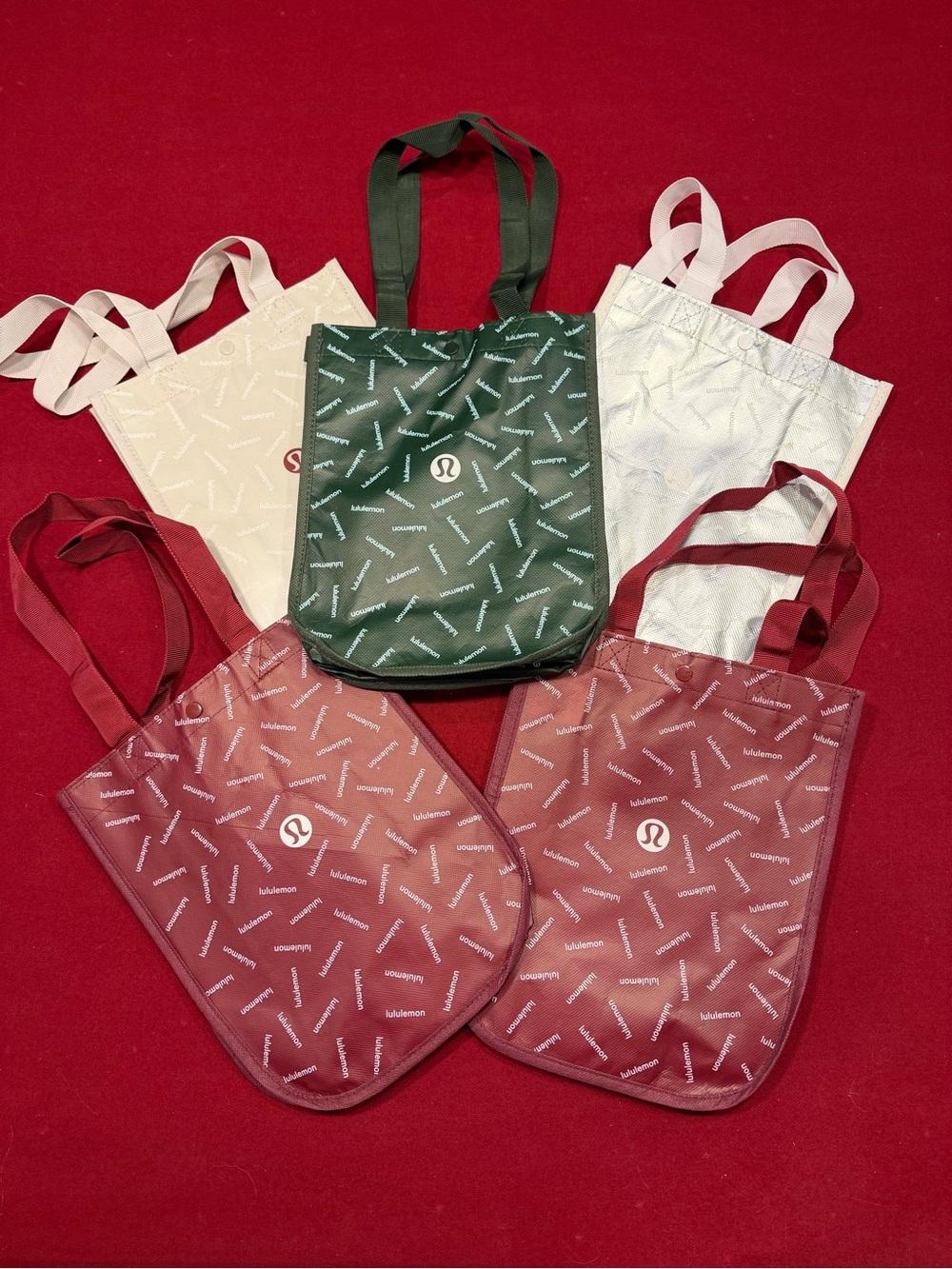 Lululemon 5 Small Reusable Shopping Tote Bags Maroon Dark Green Silver Gray